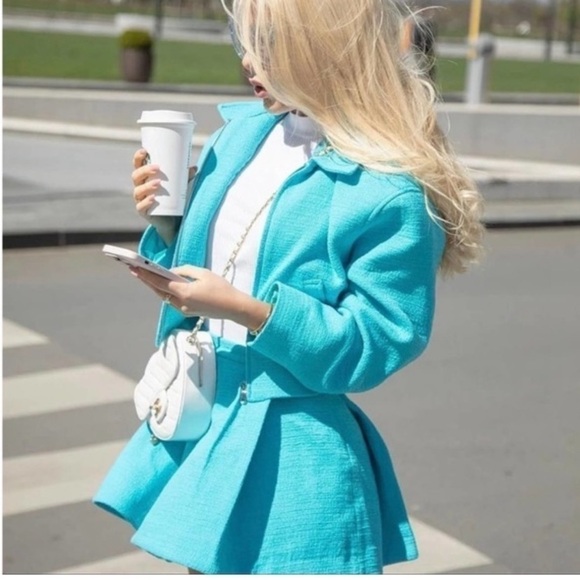 ZARA Tweed Pleated Mini Skirt Sky Blue New - Picture 3 of 12